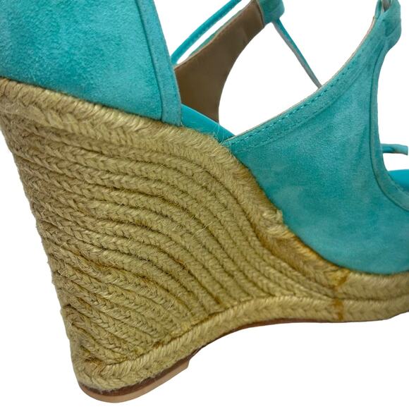 Trina Turk Sueded Leather Lace up Ankle Wrap Wedge Sandals - AQUAMARINE - Picture 6 of 13